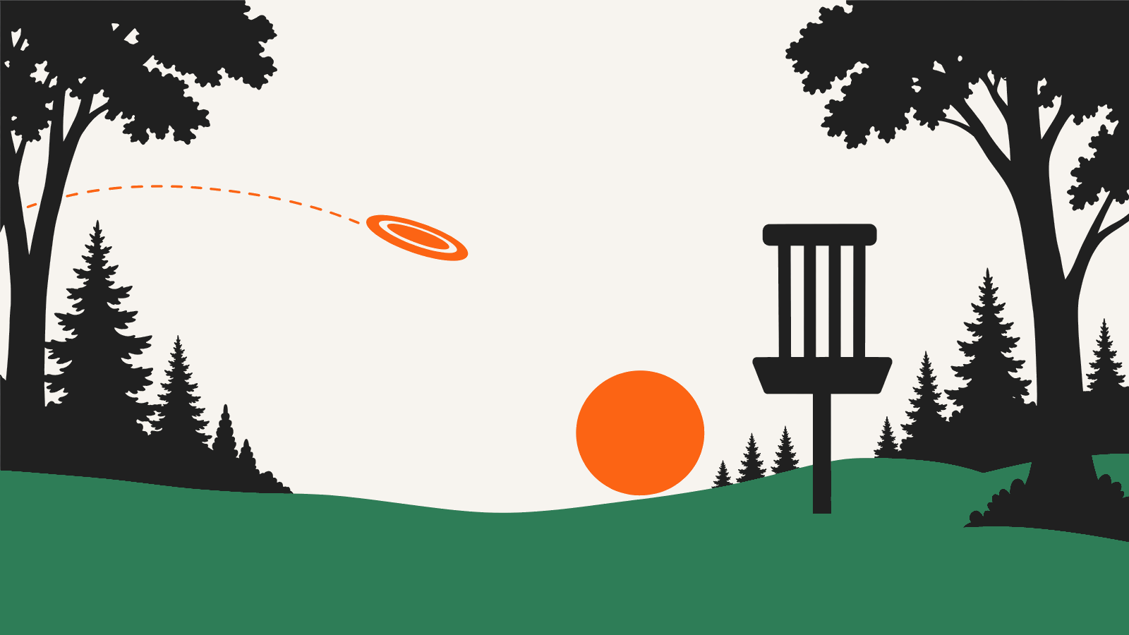 Illustration of an orange disc gliding toward a disc golf basket at golden hour